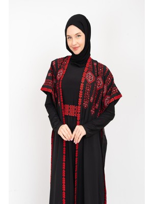 Zaytoon Kadın Abaya Filistin Nakışlı Çift Taraflı Uzun Kollu