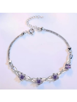 925 Ayar Gümüş Kaplama Sentetik Kübik Zirkon Taşlı Eşsiz Vintage Çiçek Bileklik & Kolye  5.2g