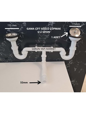 Karışık Gama Lüx Çiftli Çöp Mak S'li Sifon - Süzgü Ø 110 mm - Ø 32'lik Çıkışlı