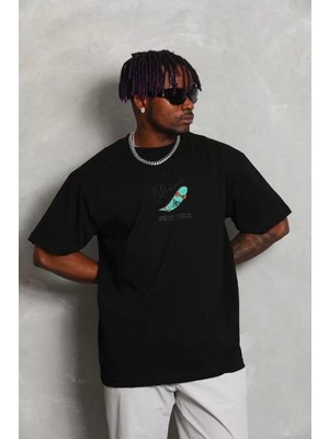 Unisex Oversize Baskılı Bisiklet Yaka T-Shirt - Siyah