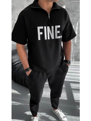 Unisex Baskılı Yarım Fermuarlı T-Shirt - Siyah