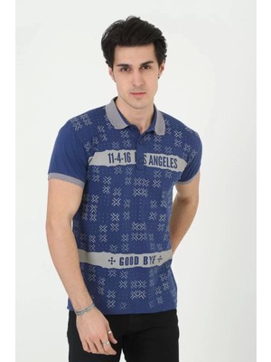 Erkek Yakalı Slim Fit Baskılı T-Shirt - Mavi