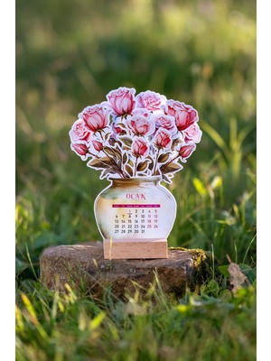 2026 Ahşap Ayaklı Gül Temalı Çiçek Desenli Mini Masa Takvimi Özel Tasarım Dekoratif