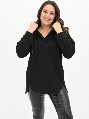 Koza Butik Kadın Büyük Beden Kapüşonlu Oversize Sweatshirt 1895-25