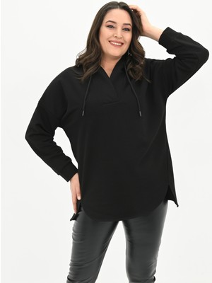 Koza Butik Kadın Büyük Beden Kapüşonlu Oversize Sweatshirt 1895-25