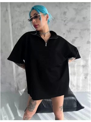 Unisex Yarım Fermuarlı Düz Oversize T-Shirt - Siyah