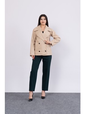 MissVina Kadın Oversize Trend Geniş Kısa Kaban Palto Kaşe Uzun Kol Düz Desen