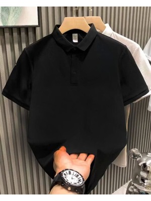 Yakası Düğmeli Yakalı Pike Düz T-Shirt - Siyah