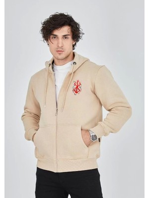 Unisex Baskılı Tam Fermuarlı Kapşonlu Sweatshirt - Bej