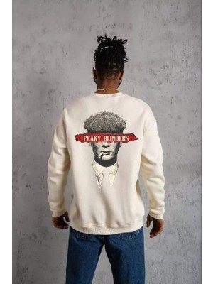 Unisex Bisiklet Yaka Baskılı Oversize Sweatshirt - Beyaz