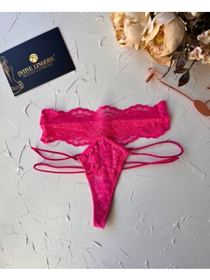 Intive Lingerie Intive Fuşya Pembe Dantelli Yanları Şeritli Yüksek Bel Fantasy Tanga