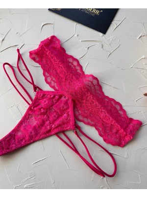 Intive Lingerie Intive Fuşya Pembe Dantelli Yanları Şeritli Yüksek Bel Fantasy Tanga