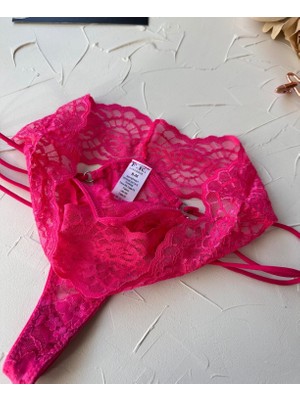 Intive Lingerie Intive Fuşya Pembe Dantelli Yanları Şeritli Yüksek Bel Fantasy Tanga