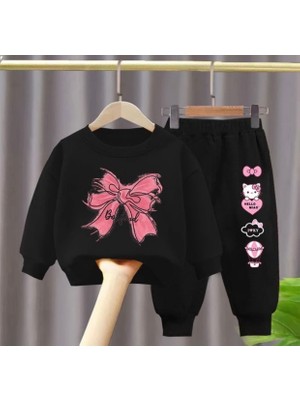 Kids Face Özel Tasarım Hello Kitty Kurdele Baskılı Şardonlu Kışlık Kız Çocuk Eşofman Takımı