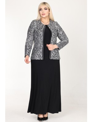 Büyük Beden 3725 Siyah Gümüş Ceket+Elbise Takım