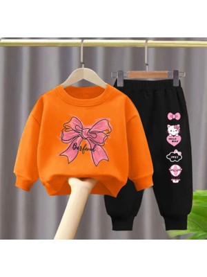 Kids Face Özel Tasarım Hello Kitty Kurdele Baskılı Şardonlu Kışlık Kız Çocuk Eşofman Takımı
