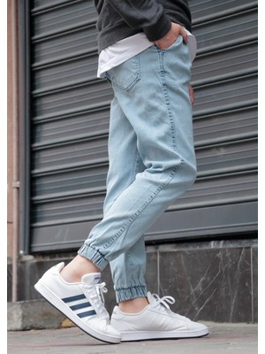 Greenpoll Erkek Buz Mavisi Jogger Kot Pantolon - Lastikli Bel ve Paça, Yıkamalı Denim