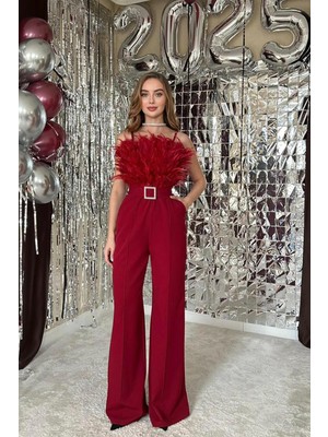 Elbee Fashion Woman Otriş Detaylı Kemerli Bordo Tulum