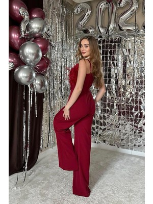 Elbee Fashion Woman Otriş Detaylı Kemerli Bordo Tulum