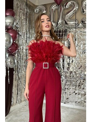 Elbee Fashion Woman Otriş Detaylı Kemerli Bordo Tulum