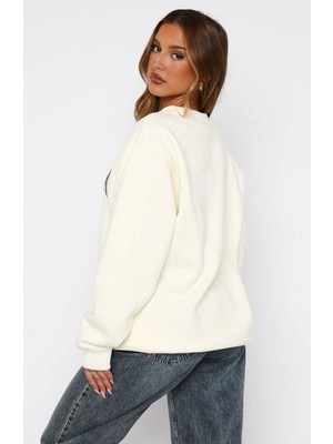 Krem Kadın Espresso Love Yazılı Bisiklet Yaka Oversize Sweatshirt