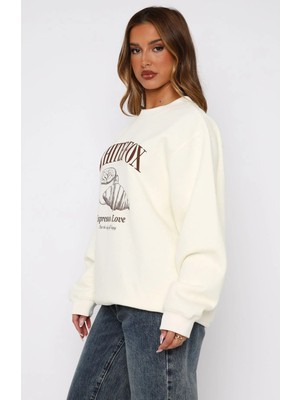 Krem Kadın Espresso Love Yazılı Bisiklet Yaka Oversize Sweatshirt