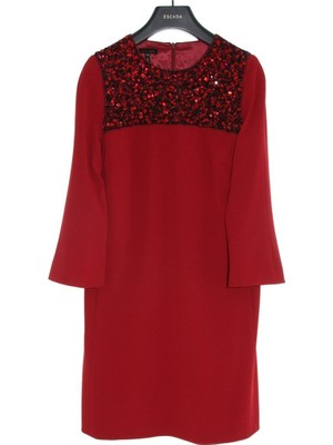 Escada  Boncuk Işlemeli Uzun Kol Fermuarlı Kırmızı Elbise