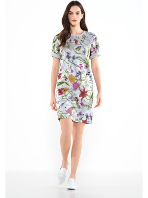 Escada Sport  Bisiklet Yaka Desenli Katlı Kol Kısa Boy Gri Elbise