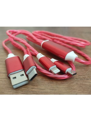 Kitap Dükkanı 3'ü 1 Arada USB Hızlı Şarj Kablosu - LED Işık Akışı - Apple, Android, Type-C Cihazlarla Uyumlu - Flaşör Tasarımı