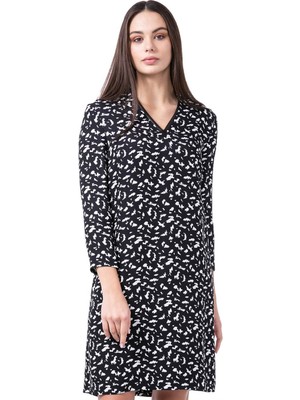 Escada  Desenli V Yaka Truvakar Kol Cepli Siyah Elbise