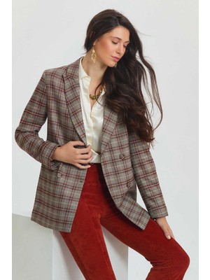 Clandestino Ekoseli Kruvaze Uzun Blazer Gri