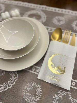 Kidspartim Gold Yaldızlı Beyaz Hoşgeldin Ramazan Yeni Ay Desenli Cepli Peçete 12 Li
