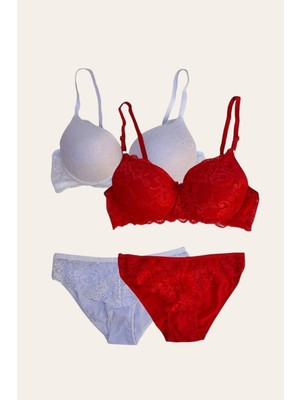 Balenli Kadın Kırmızı Ekru 2'li Paket Dolgulu Balenli Sütyen Takım Uzun Dantel Elastan Dantel 90% P