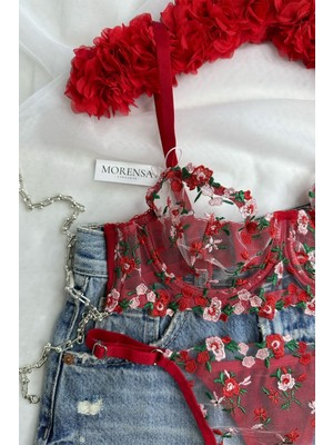 Çiçekli Çiçekli Balenli Dantelli Sütyen Takımı Kırmızı Normal Bel Tüm Yaş Grupları Type1 2 Parça Iç