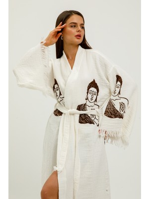 Befera Design Müslin Kimono Pamuklu Buda Baskılı Desenli Bornoz Kaftan Sabahlık