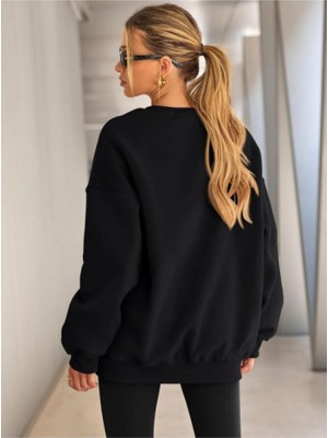 Kadın Oversize Bisiklet Yaka Basic Sweatshirt