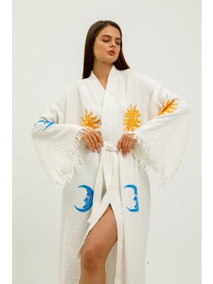 Befera Design Müslin Kimono Pamuklu Ayın Evreleri Baskılı Desenli Bornoz Kaftan Sabahlık