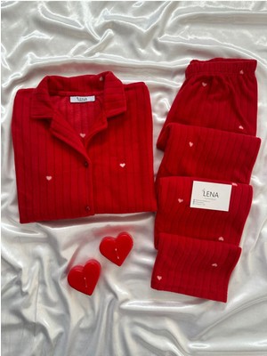Kırmızı Kırmızı Dreams Kalp Desenli Düğmeli Polar Pijama Takımı Hayır Polar Düğmeli Uzun Homewear U