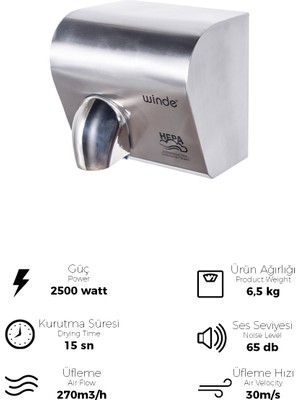 Winde Pw250 2500W Paslanmaz Çelik Fotoselli El Kurutma Makinası