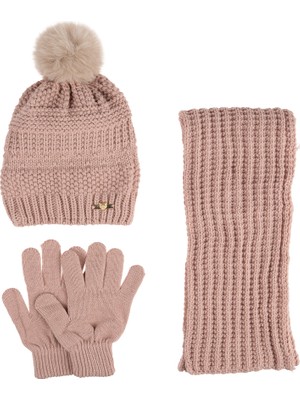 Kitti 9-15 Yaş Garson 3'lü Takım Kız Atkı, Eldiven ve Şapka Set Içi Polarlı