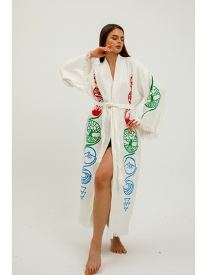 Befera Design Müslin Kimono Pamuklu Hayat Ağacı Baskılı Desenli Bornoz Kaftan Sabahlık