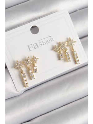 Ezo Concept Pirinç Gold Renk Zirkon Taşlı 3'lü Sallantı Yıldız Model Kadın Küpe