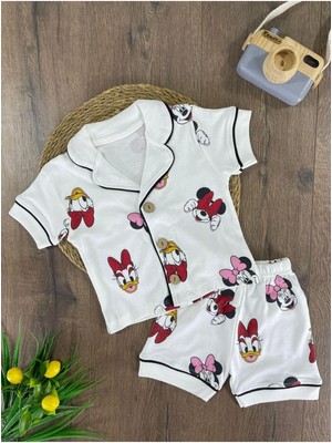 Kruvaze Yaka Önden Düğmeli Rahat Kalıp Yazlık Kız Bebek Pijama Takımı %100 Pamuk