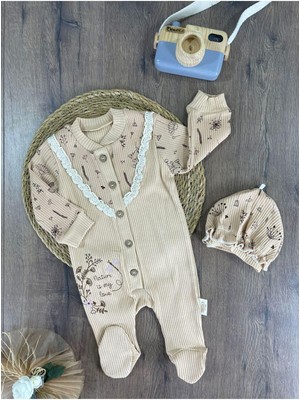 Kaşkorse Bereli Güpürlü Çiçek Işlemeli Önden Düğmeli Kız Bebek Tulum