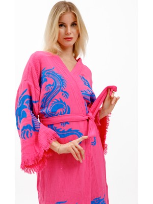 Befera Design Dragon Müslin Kimono Pamuklu Ejderha Baskılı Desenli Bornoz Kaftan Sabahlık