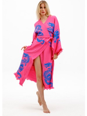 Befera Design Dragon Müslin Kimono Pamuklu Ejderha Baskılı Desenli Bornoz Kaftan Sabahlık