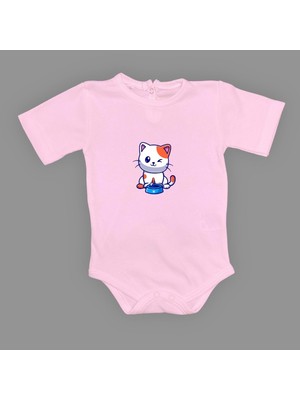 Mnk Baby & Kids Baskılı Mama Yiyen Kedi Bebek Çıtçıtlı Body - MNK0661-KOYU Pembe-6 Ay