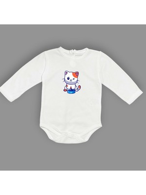 Mnk Baby & Kids Baskılı Mama Yiyen Kedi Bebek Çıtçıtlı Body - MNK0661-EKRU-1 Yaş