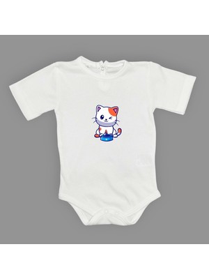 Mnk Baby & Kids Baskılı Mama Yiyen Kedi Bebek Çıtçıtlı Body - MNK0661-BEYAZ-2 Yaş