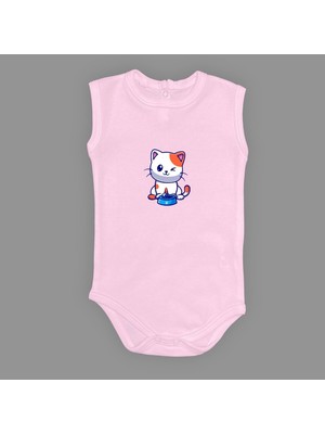 Mnk Baby & Kids Baskılı Mama Yiyen Kedi Bebek Çıtçıtlı Body - MNK0661-AÇIK Pembe-3 Yaş